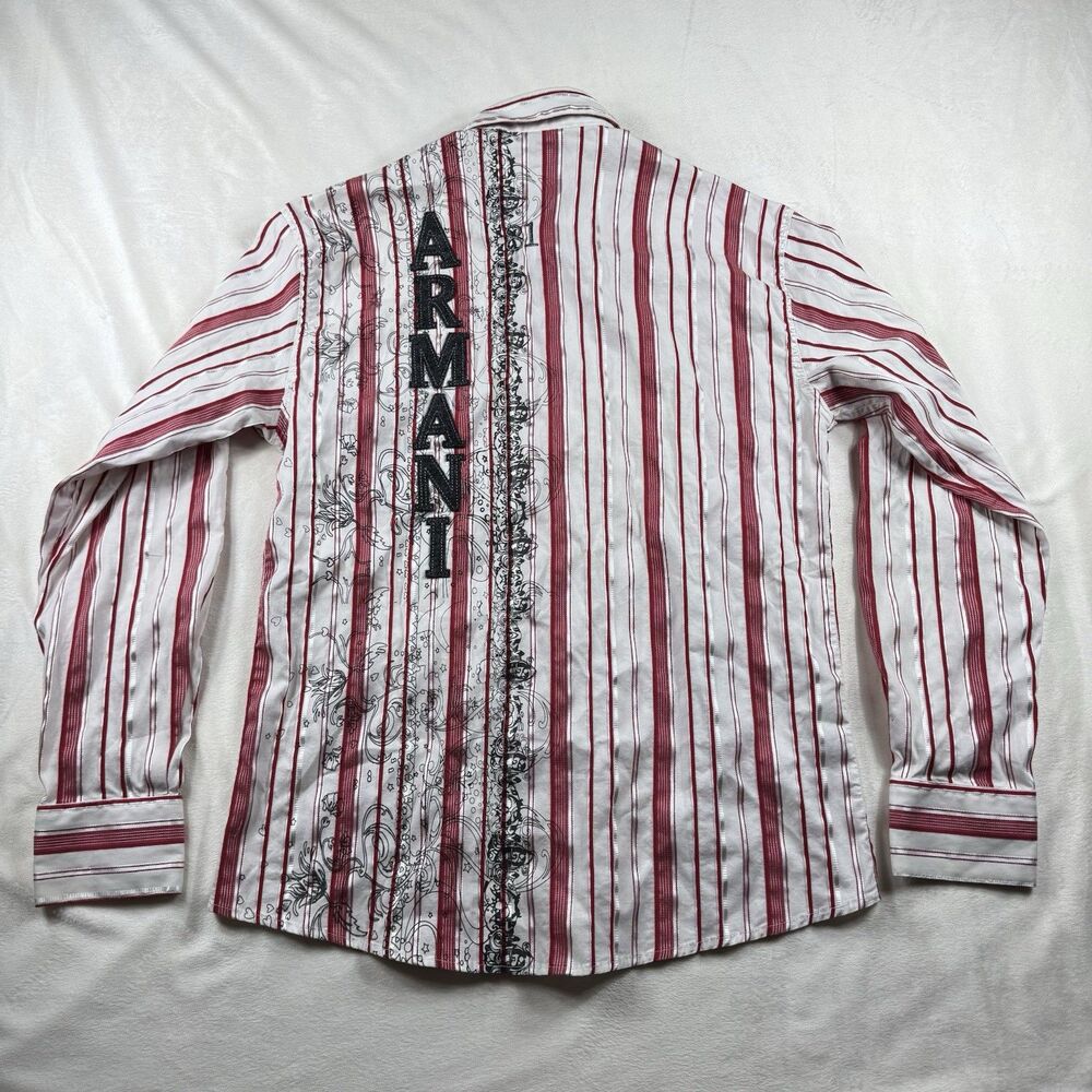 Armani Jeans Dress Shirt Long Sleeve Button Front Men L Stripe Embroidery Patch